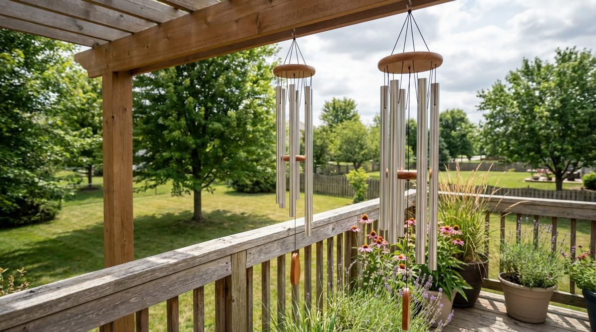 Metal or bamboo wind chimes hanging on a balcony, creating gentle melodic tones in the breeze. Tuned aluminum chimes produce harmonious notes, positioned to catch prevailing winds without causing disturbance to neighbors.