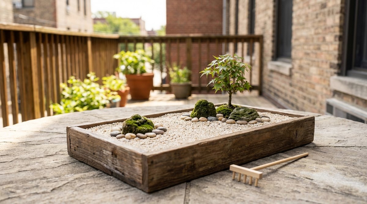 A miniature Japanese karesansui (dry landscape) garden in a shallow container, designed for apartment living. It features fine sand or gravel with small pebbles, allowing for portable raking meditation and mindfulness practice through changing patterns.