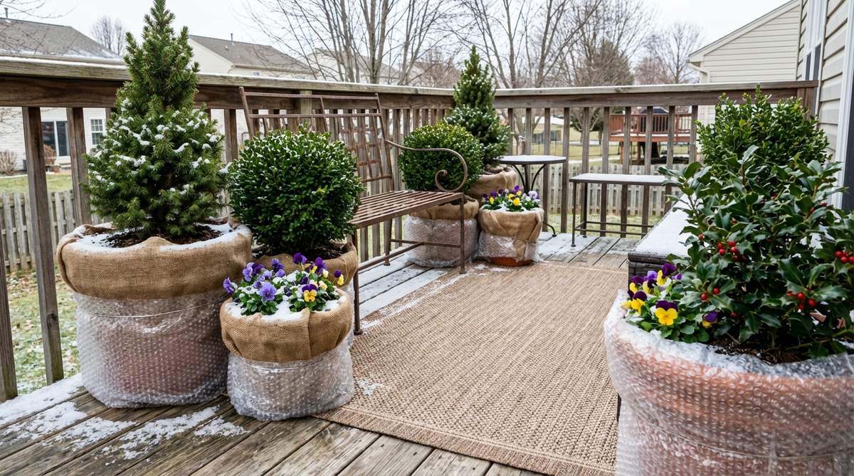 A small front garden featuring winter evergreen structure with boxwood, holly, and arborvitae plants maintaining green presence through dormant months. Ornamental grasses with tawny seed heads stand upright through snow, catching light beautifully in winter sun. This intentional cold-season design demonstrates year-round commitment to garden interest.