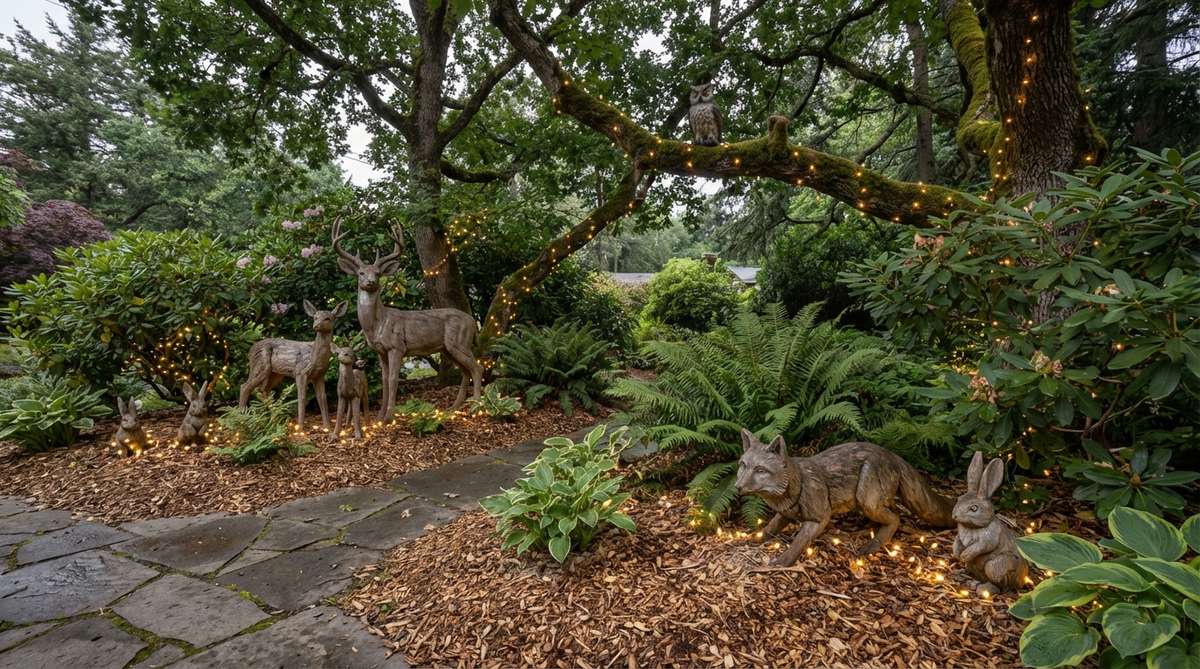 A collection of woodland creature figures, such as deer, fox, rabbit, and owl, integrated into garden designs to add natural holiday decorations that blend with existing wildlife themes. Positioned among foundation plantings or beneath tree canopies with subtle LED lighting for a rustic, ecological aesthetic.