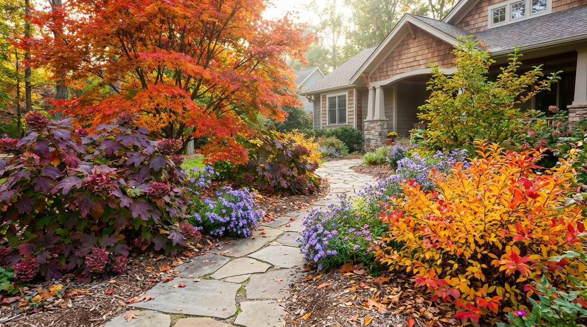 A vibrant autumn garden scene featuring Japanese maple, oakleaf hydrangea, and Virginia sweetspire trees and shrubs with brilliant fall foliage colors, complemented by late-blooming asters for extended seasonal interest.