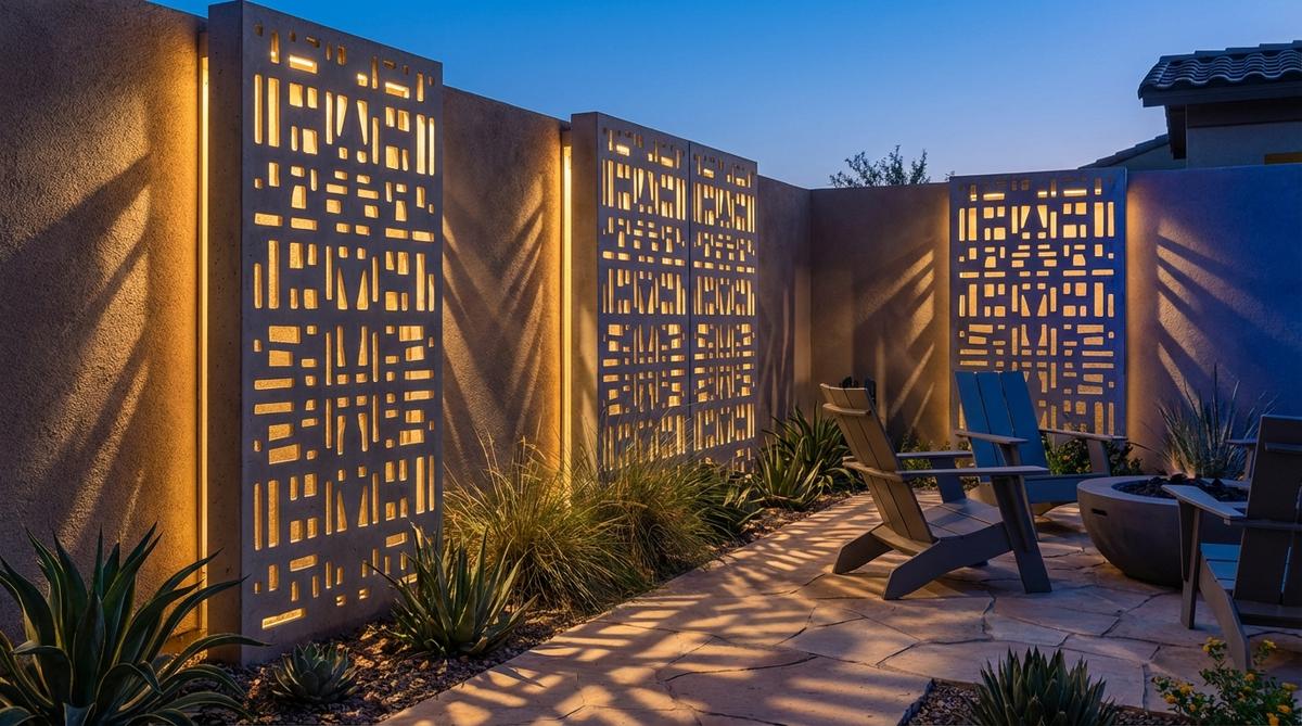 A modern garden design featuring backlit concrete screen panels with geometric perforations that create dramatic shadow patterns on surrounding surfaces. The lighting positioned behind the panels projects intricate designs, with the option for colored filters and automated controls for dynamic lighting sequences.