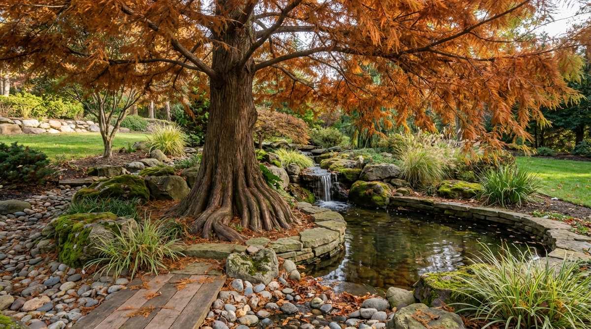 A deciduous conifer with orange-brown autumn needles and a buttressed trunk base, ideal for water-loving placements in Japanese garden bonsai compositions near ponds or bogs.