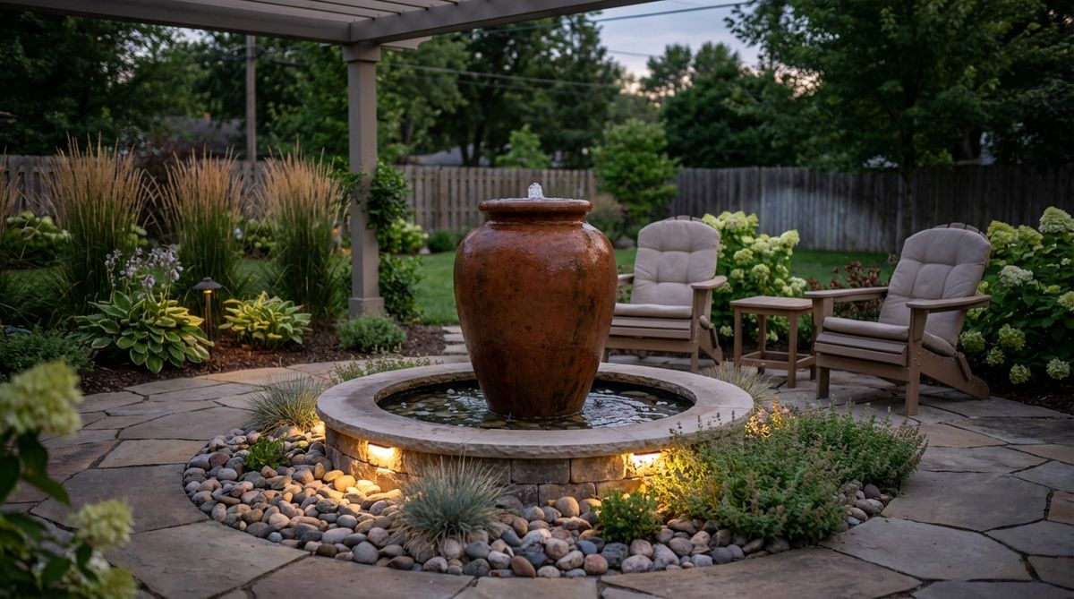 A recirculating urn water feature with water bubbling gently from the top, positioned near garden seating to provide soothing sounds. LED uplights illuminate the basin for nighttime visual interest, creating a tranquil focal point with minimal splash.