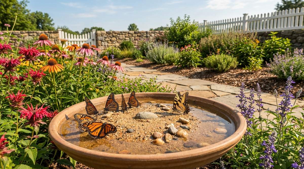 A decorative ceramic or stone saucer filled with sand and mineral-rich water, positioned in a sunny garden bed near nectar-producing flowers to attract butterflies for puddling and nutrient supplementation.