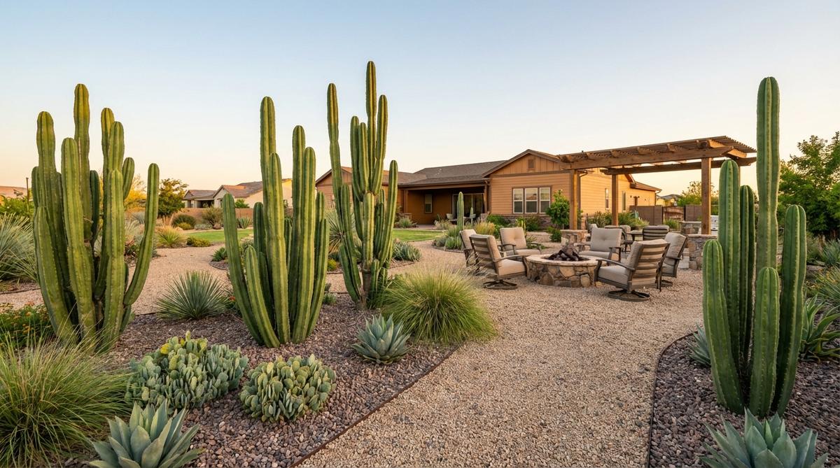 Tall cylindrical cacti like San Pedro or totem pole varieties create striking architectural silhouettes against horizontal gravel planes in a drought-tolerant garden design. These slow-growing specimens reach 6-12 feet tall and maintain year-round presence as focal points or grouped compositions.