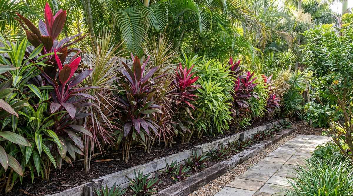 A vertical screen of Cordyline and Dracaena plants with colorful strappy foliage in red, purple, and green, creating a narrow privacy barrier in a tropical garden setting.