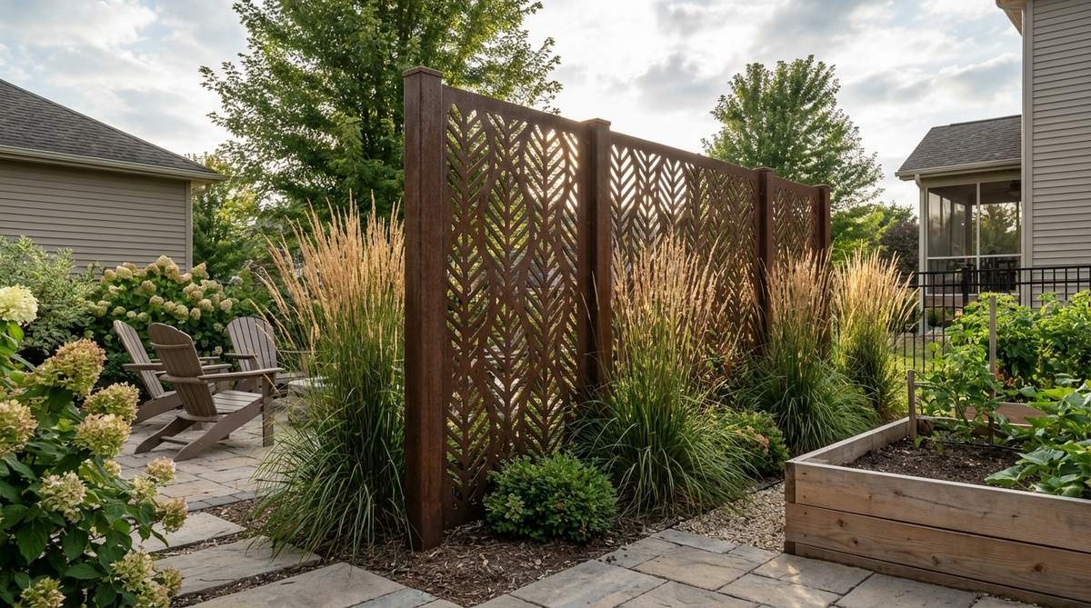 A decorative screen panel made of laser-cut metal or wood, featuring perforated geometric or organic designs, used to partition zones in a small garden while maintaining airflow and filtered views, complementing the garden's overall style and architectural context.