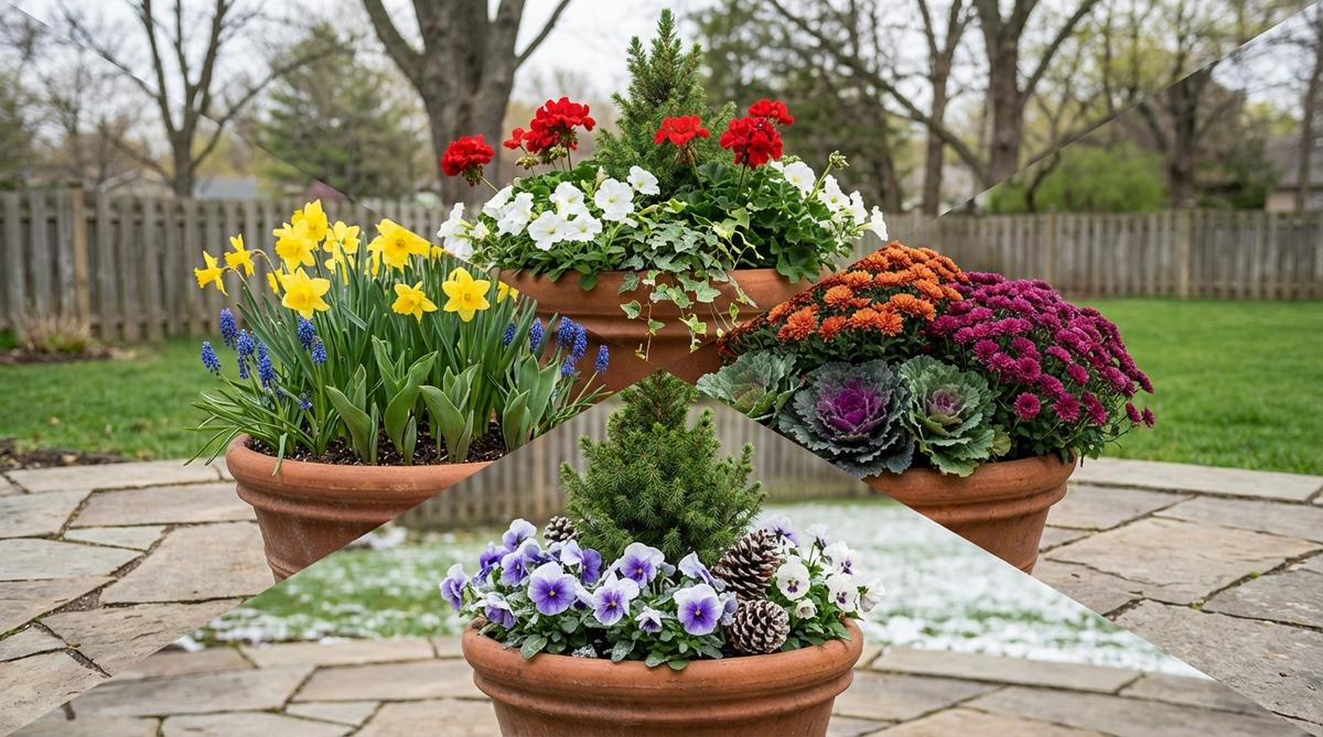 An illustration of a single container garden transitioning through all four seasons, featuring structural evergreens as a backbone, with spring bulbs, summer annuals, fall mums, and winter pansies added seasonally to minimize overhauls and provide continuous decor.