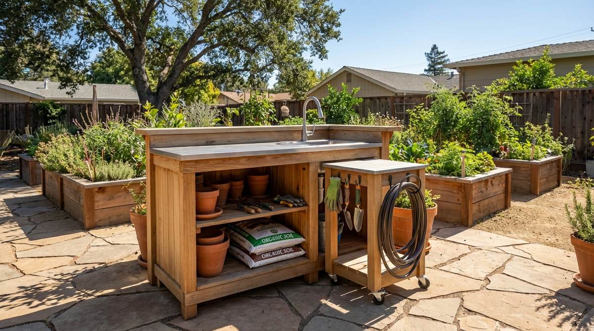 A compact gardening work bench with an integrated sink, designed for small gardens, featuring storage shelves for pots, soil, and tools, and a mobile or semi-permanent station for efficient gardening activities.