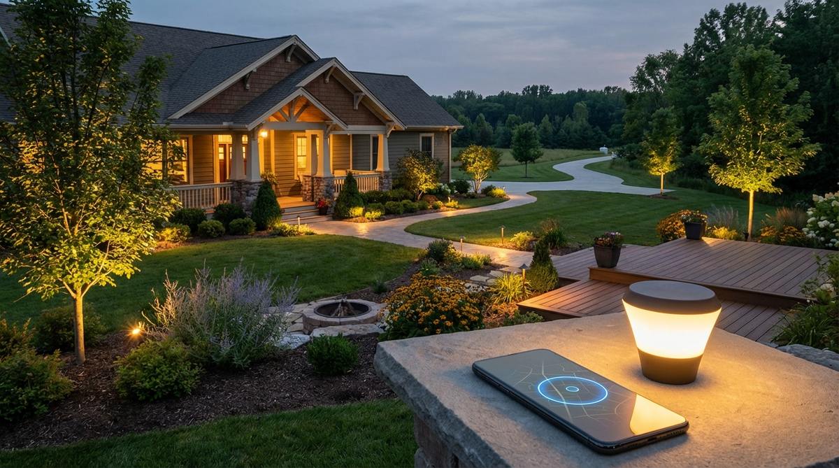 Illustration showing how geofencing technology automatically activates smart garden lights when homeowners approach their property, with a smartphone location detection radius of 500-1000 feet from the home boundary.