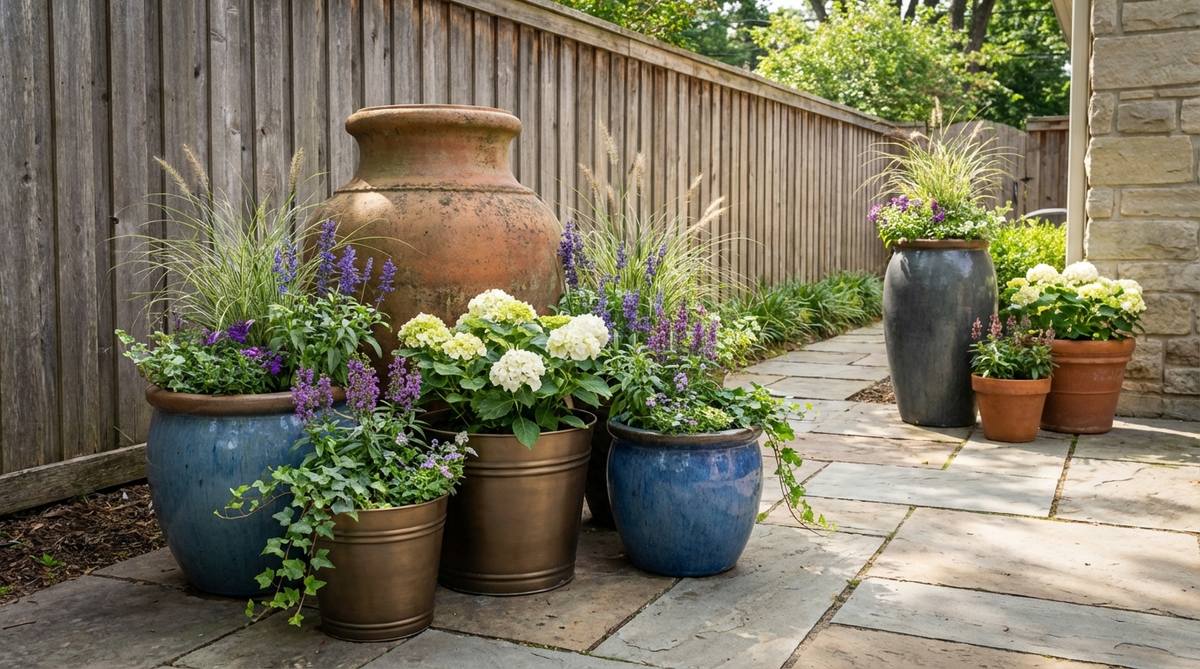 A curated display of varied outdoor pots in terracotta, glazed ceramic, and metal materials, arranged in odd-numbered groupings with the tallest in back, unified by coordinated plant color palettes to reflect evolving personal style.