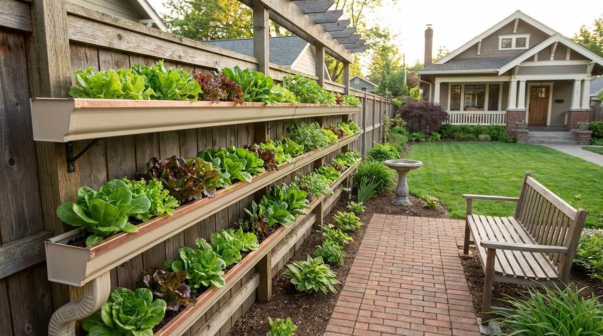 A vertical gardening system using mounted vinyl gutters for continuous lettuce production in small spaces, featuring shallow-rooted lettuce plants at comfortable standing height with protection from slugs and snails.