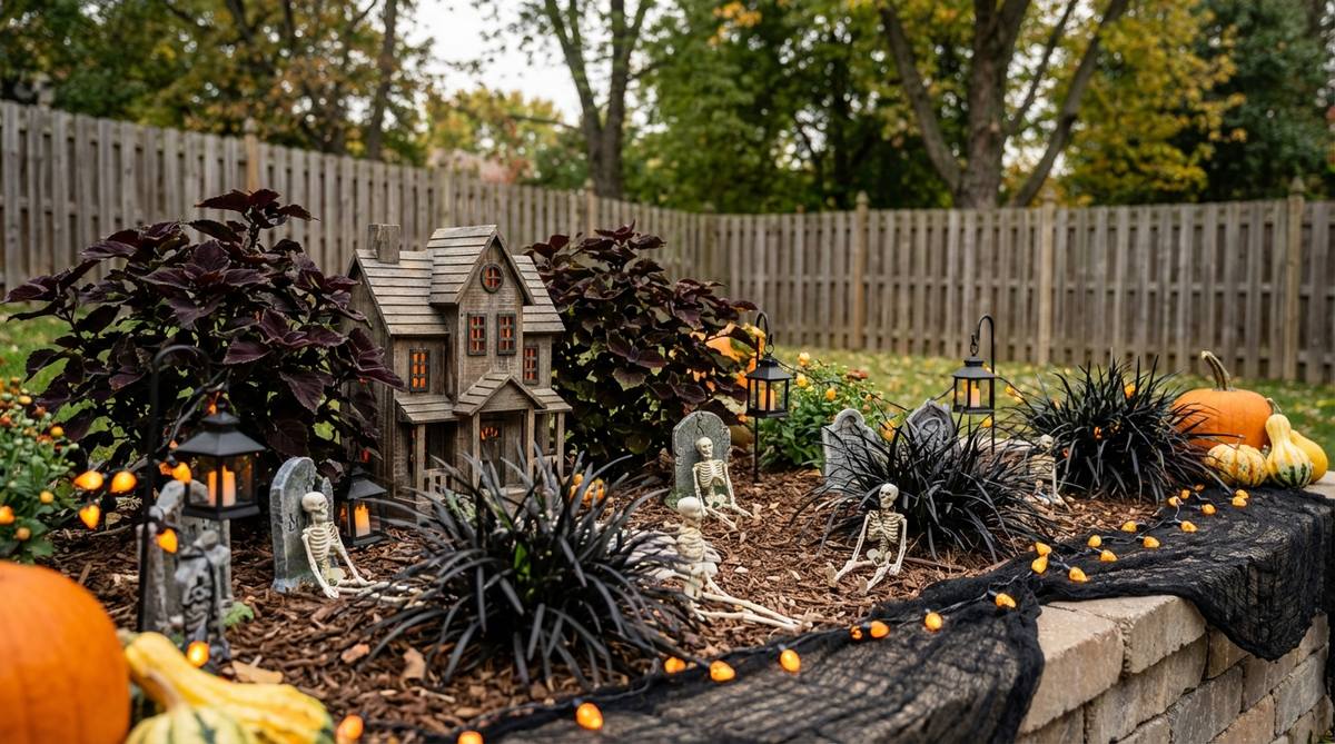 A miniature Halloween garden featuring a haunted house with tombstones, skeleton figures, and dark-leaved plants like coleus and black mondo grass. Orange and black accessories and battery-operated lights create a spooky October atmosphere for seasonal displays and trick-or-treat entertainment.