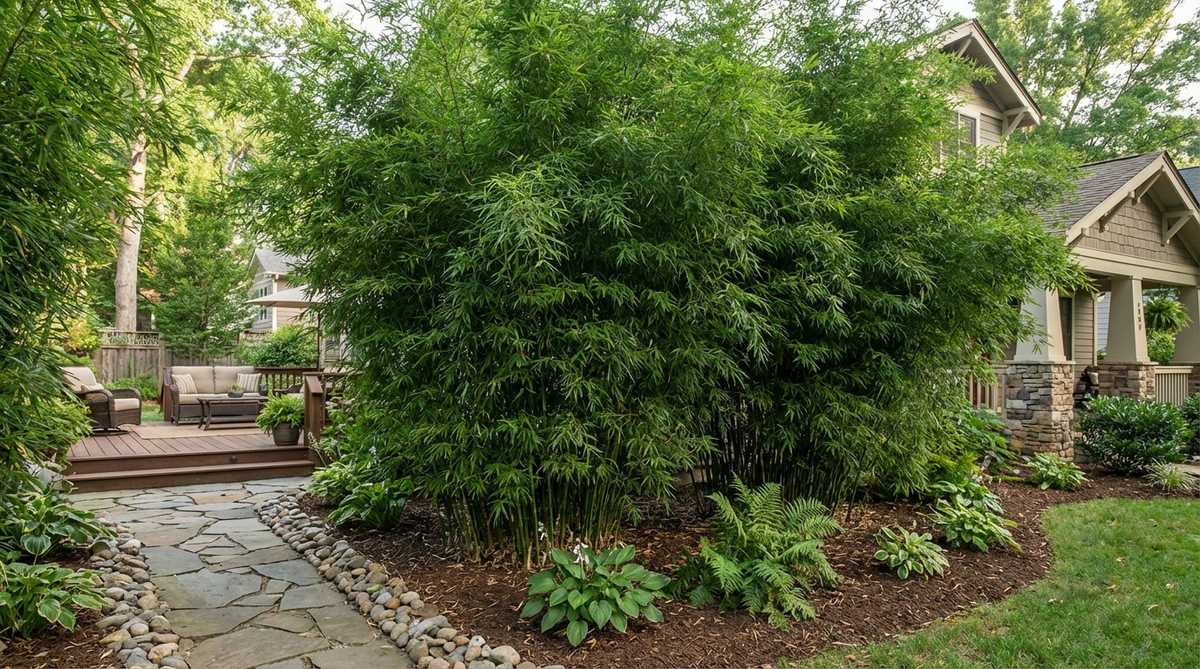 A dense clump of hedge bamboo (Bambusa multiplex) with fine-textured foliage, ideal for privacy screening in Japanese gardens. This non-invasive species grows 15-25 feet tall, suitable for zones 7-11, thriving in full sun to partial shade.