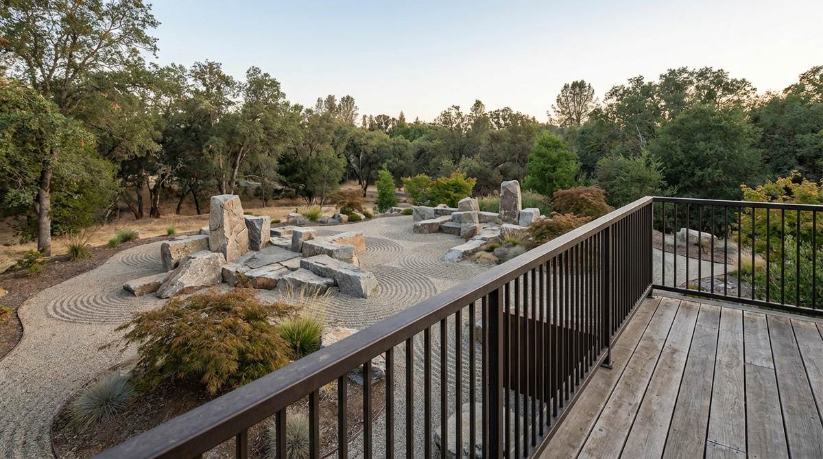 An elevated viewing platform overlooking a zen garden, showcasing geometric stone arrangements and pattern relationships from an upper perspective.