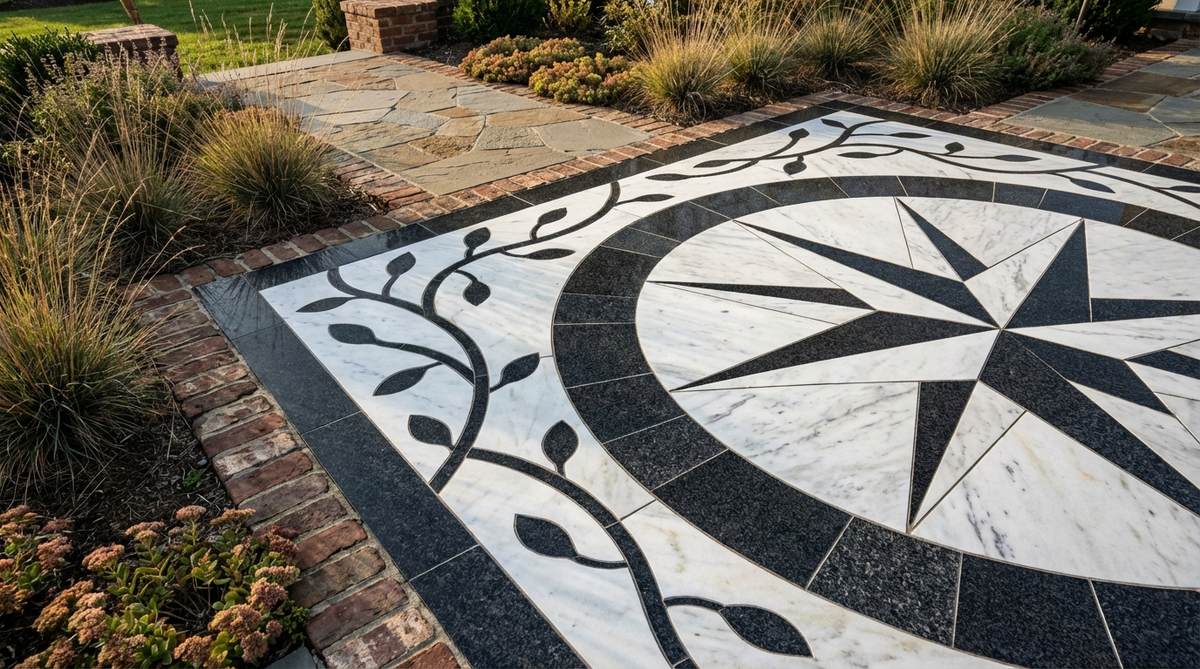A close-up view of geometric or organic patterns created by inlaying contrasting stones like white marble and black granite into paving or patios, showcasing the permanent decorative surfaces in stone gardens.