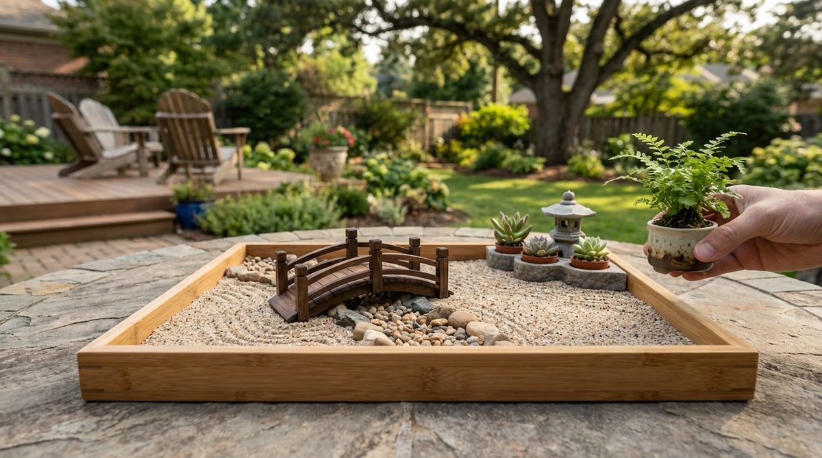 A modular base with snap-in components like bridges, lanterns, and plant holders for a zen garden miniature, allowing seasonal swaps to refresh the garden and prevent meditation stagnation through visual changes.