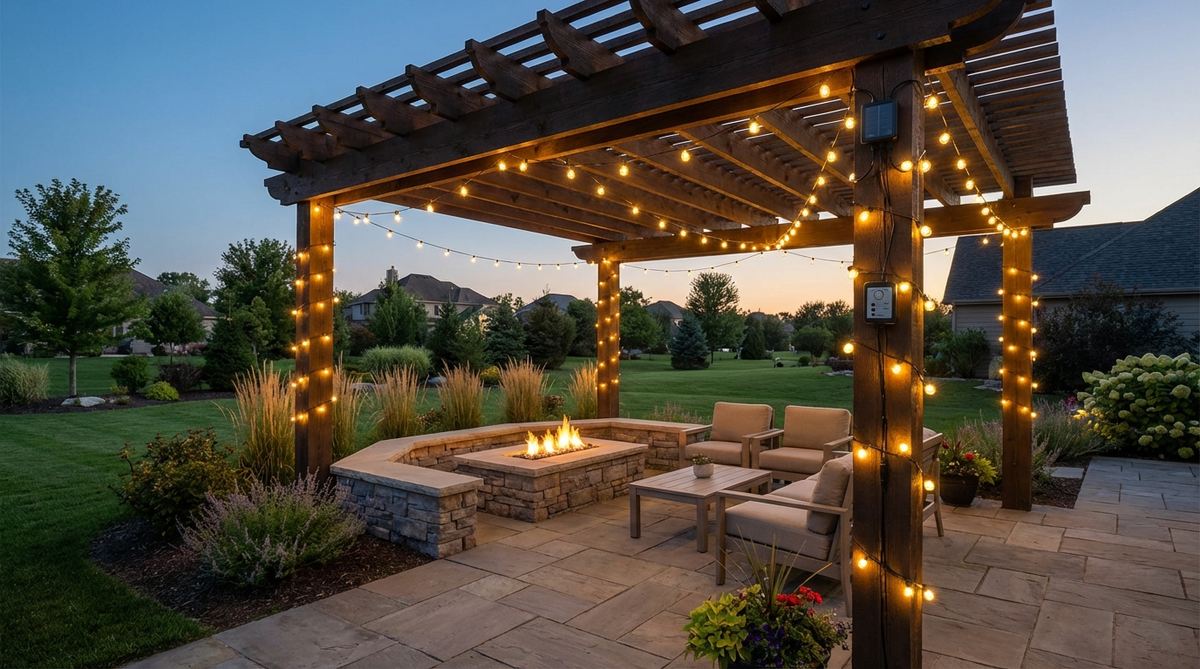 A modern garden at dusk with solar-powered LED string lights draped over a pergola and wrapped around posts, providing warm white ambient illumination for extended evening outdoor living. Weather-sealed connections and built-in timers ensure durability and automated operation.