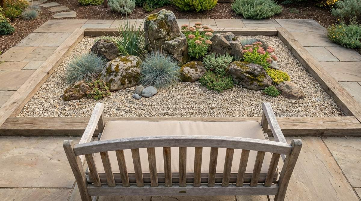 A small dry landscape garden positioned behind a meditation cushion or bench, serving as a focal point for seated practice during zazen sessions. The garden is arranged at eye level when seated, with the primary stone arrangement naturally aligned with the sight line to support concentration and enhance spiritual discipline.