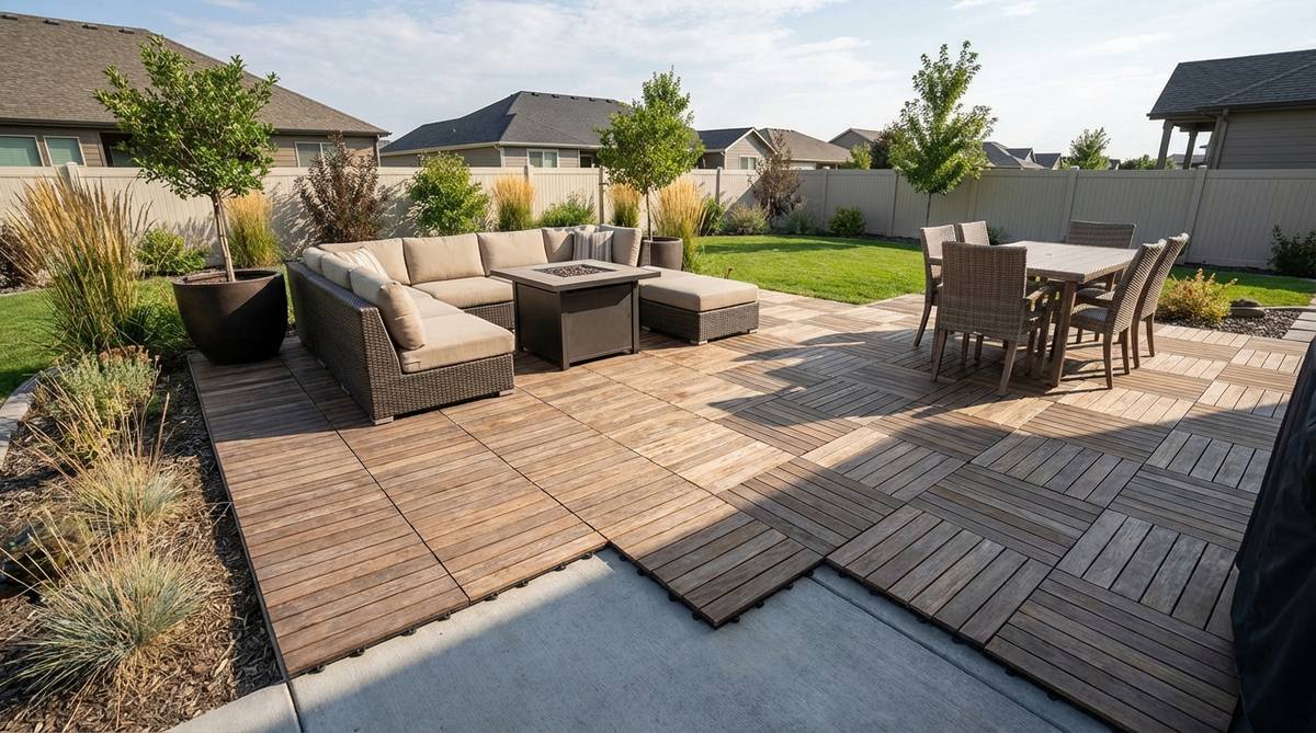 A contemporary garden featuring interlocking modular deck platforms installed over a concrete patio, showcasing hardwood tiles that create a finished surface without permanent construction. The image highlights the ease of seasonal removal for cleaning or storage, with a clean, modern aesthetic suitable for low-maintenance outdoor spaces.