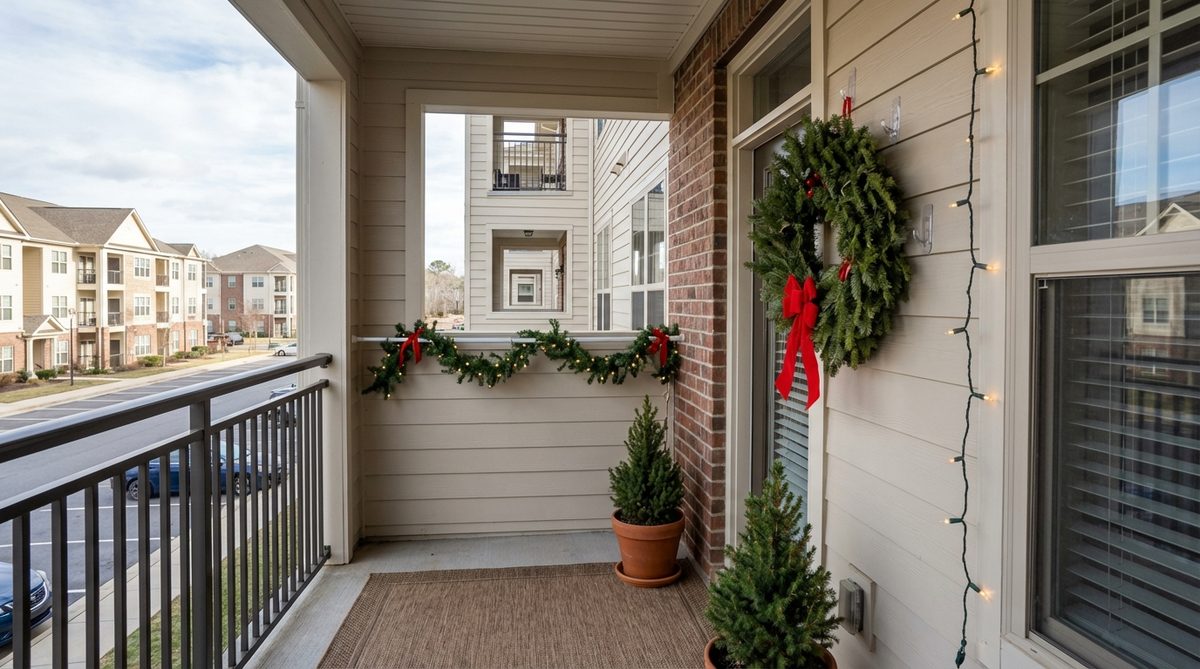 A balcony decorated with modular removable Christmas systems showing damage-free mounting options like command hooks and tension rods for wreaths and decorations, ideal for renters and flexible holiday displays.