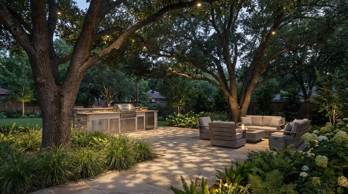 Downlights installed high in tree branches create dappled moonlight-like patterns through foliage, providing subtle functional illumination without visible fixtures in a modern garden setting.