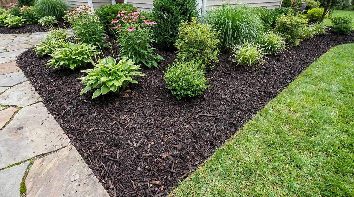 A small front garden with freshly mulched flower beds, showing dark mulch that enhances plant colors and creates clean boundaries, demonstrating how mulch application revitalizes garden beds while suppressing weeds and conserving soil moisture.