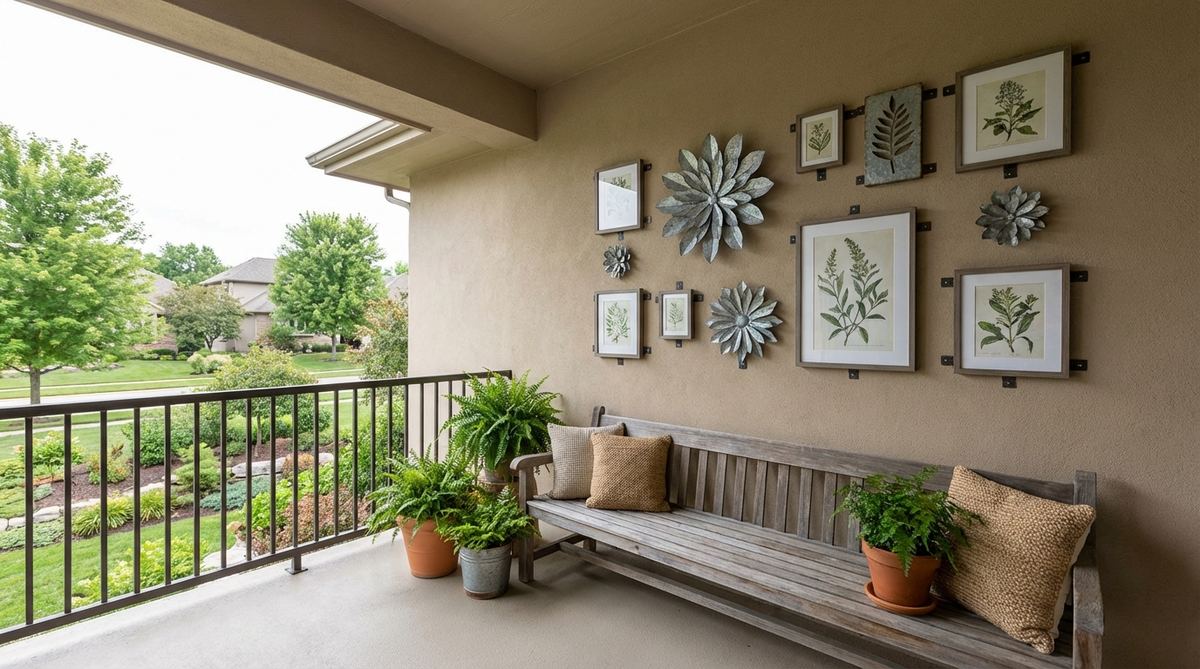 Metal wall sculptures and weather-resistant prints on a balcony, showcasing galvanized steel and aluminum artwork mounted with outdoor-rated hangers in a gallery wall arrangement.