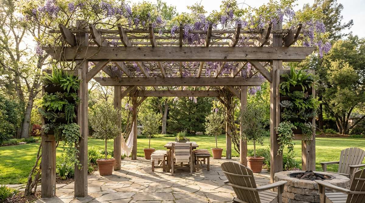 An open-beam pergola covered in wisteria or grape vines creating dappled shade and living architecture in a boho garden setting. The structure supports vertical gardens with vines naturally sprawling across cedar or pressure-treated lumber beams.