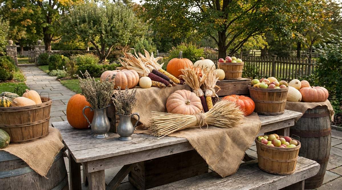 Outdoor fall decor featuring a Pilgrim Colonial theme with pumpkins, wooden buckets, pewter vessels, dried herbs, burlap textiles, dried corn, wheat bundles, and gourds in muted autumn tones arranged on wooden barrels or rough-hewn tables, creating sophisticated Thanksgiving decor that honors early American harvest traditions.