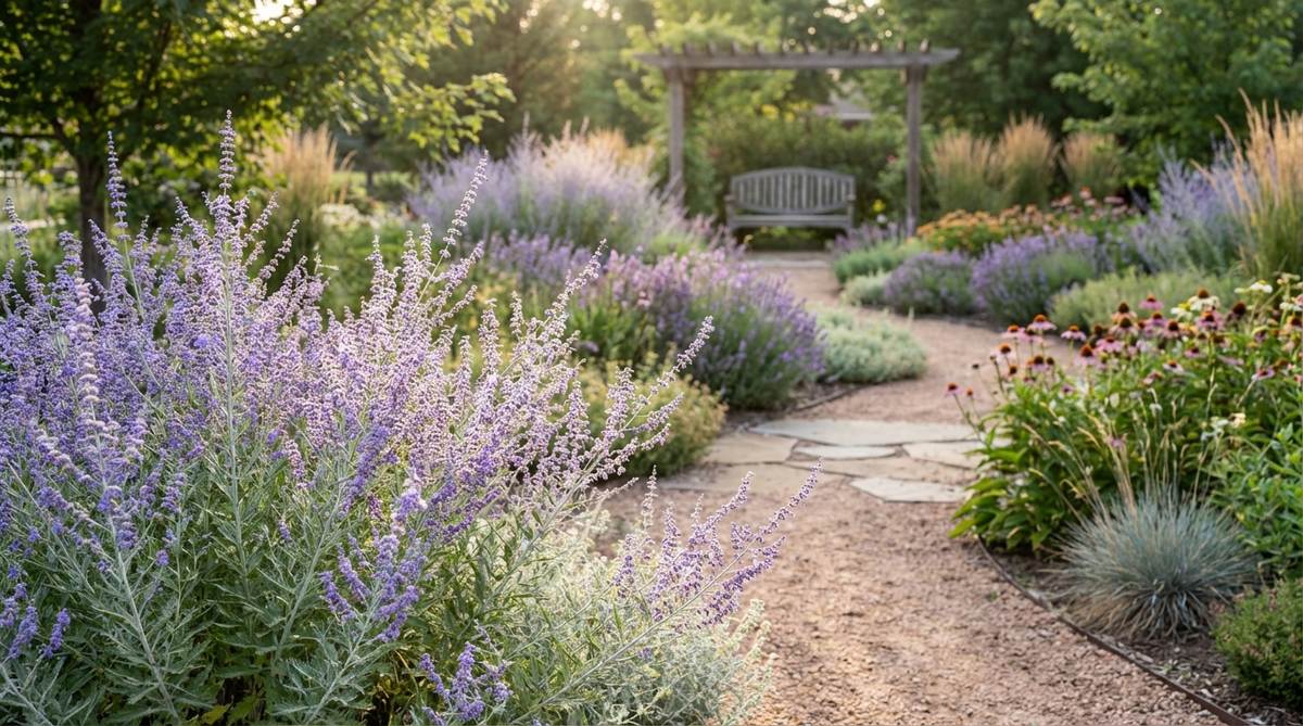 Close-up of Russian sage (Perovskia) showing its airy purple-blue flowers and silver-gray foliage. This drought-tolerant perennial blooms from July through September, ideal for small gardens with hot, dry borders.