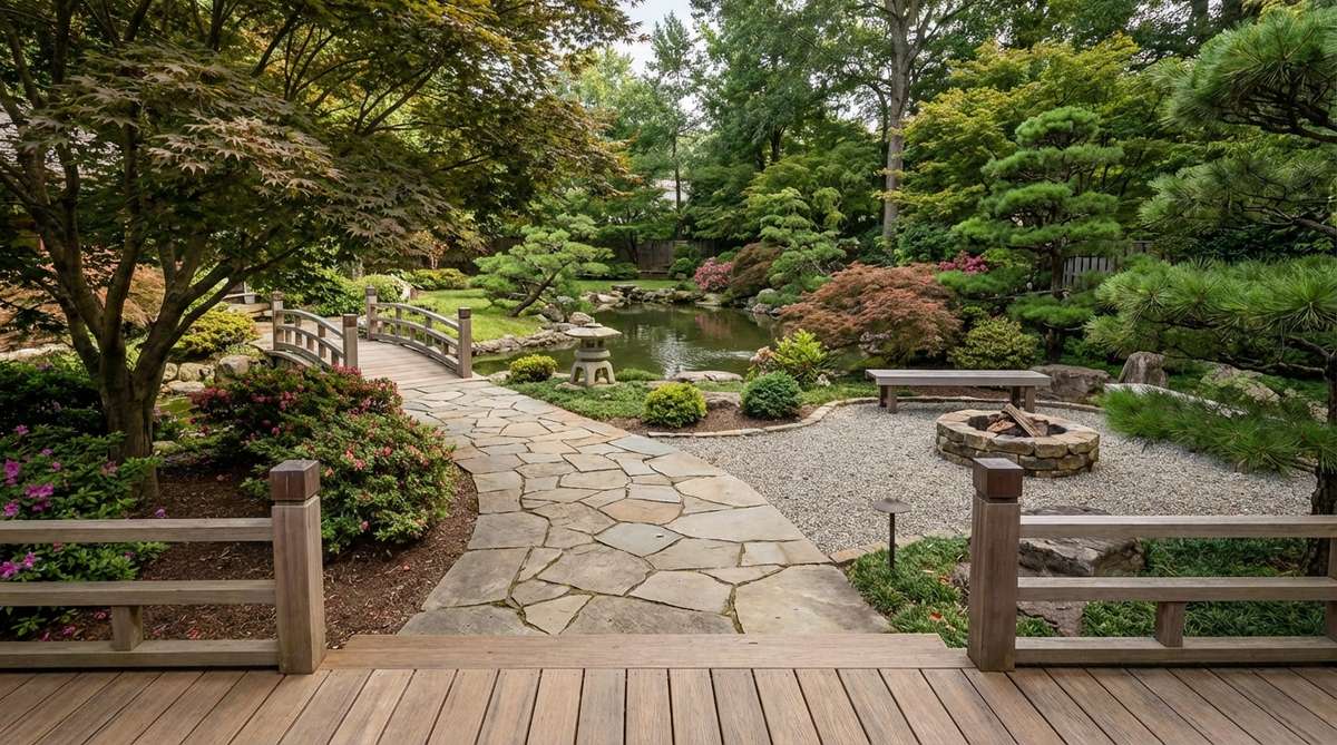 A Japanese garden designed with single-viewing-point composition, showing all elements arranged for optimal appreciation from one specific vantage point, creating depth, balance, and focal hierarchy from that position.