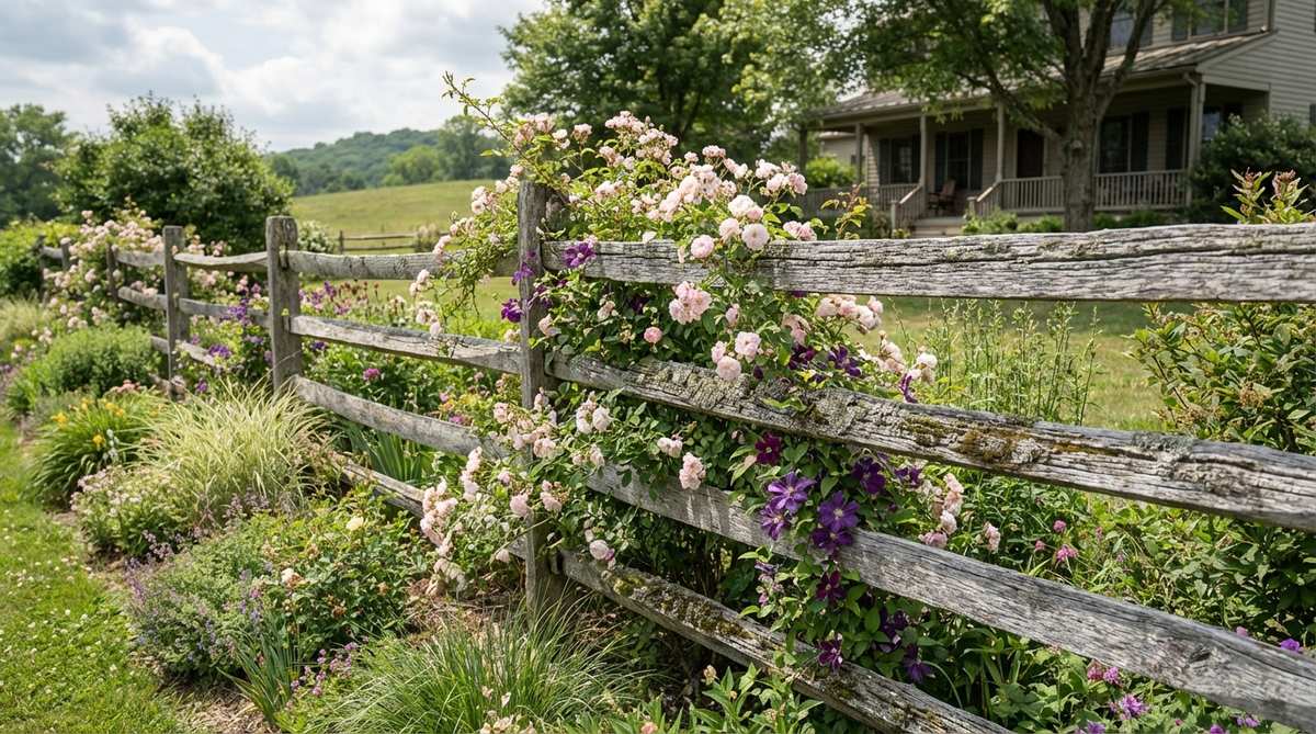 A rustic split-rail fence made of weathered wooden rails stacked horizontally, creating an open boundary that defines garden spaces without obstructing views. The silver-gray aged wood blends naturally into the cottage garden background, with rambling roses or clematis climbing along the rails. This informal fence design suits rural cottage settings and requires minimal maintenance with easy repairs.