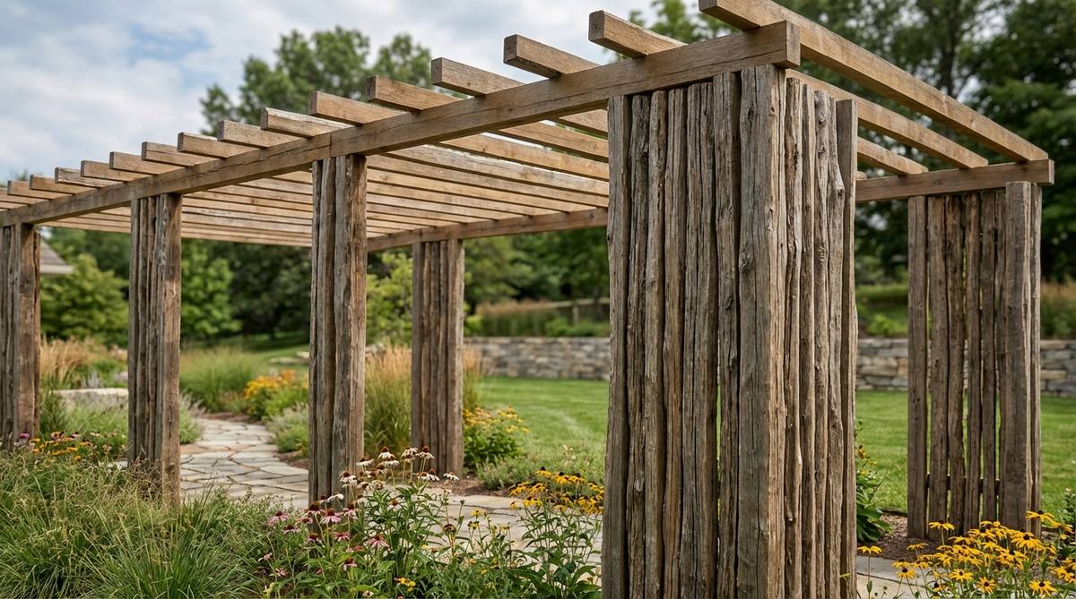 Vertical split rails bundled together to form substantial pergola posts with organic texture, showcasing irregular surfaces and varied diameters that prevent rigid architectural formality. The vertical grain patterns create visual movement, contrasting with horizontal pergola rafters above, ideal for rustic garden decor.