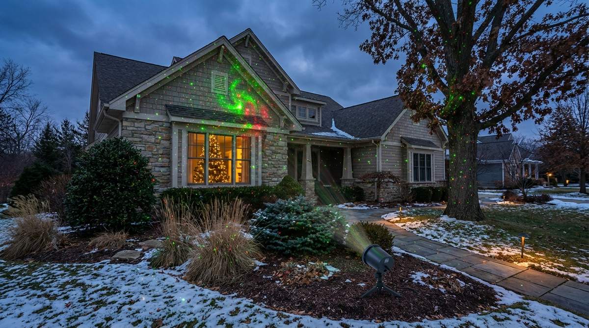 A laser projector creating a moving starfield display across a home facade or landscape for celestial-themed Christmas decor. The equipment provides wide coverage with minimal physical components, featuring adjustable speed and density settings for astronomical winter displays.