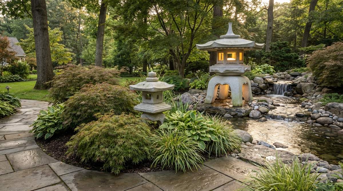 Japanese-style kasuga or yukimi-gata stone lanterns in granite or cast stone, featuring multi-part construction that stacks 24-48 inches tall. Originally designed to house candles, these lanterns now accommodate modern LED lighting for ambient garden illumination. Perfect for placement near water features, at pathway turns, or flanking seating areas, their pagoda-roof forms create beautiful vertical line contrasts against mounded plantings.