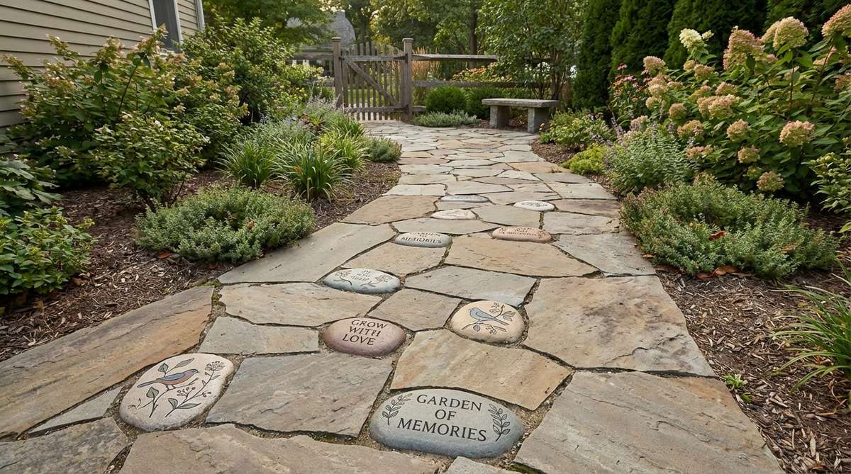 A beautifully designed stone garden pathway featuring engraved and painted stones with custom artwork, transforming the functional walkway into an outdoor art gallery with personalized elements.