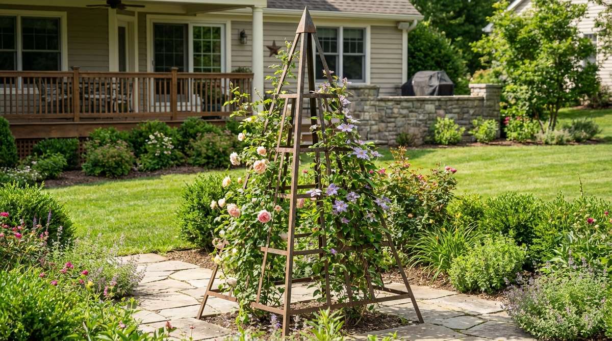 A metal trellis obelisk frame supporting climbing vines in a garden, showcasing its open-framework pyramid structure that serves as both a functional support for vertical growing and a sculptural decorative element.