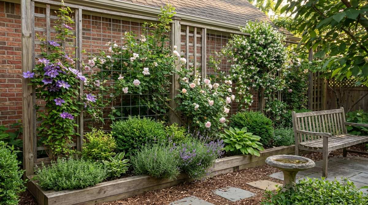 A vertical garden design showing multiple climbing plants like clematis and roses growing together on a support structure in a small backyard. The combination demonstrates layered bloom times with spring and summer flowers, different root depths for healthy growth, and proper pruning techniques for continuous seasonal interest.