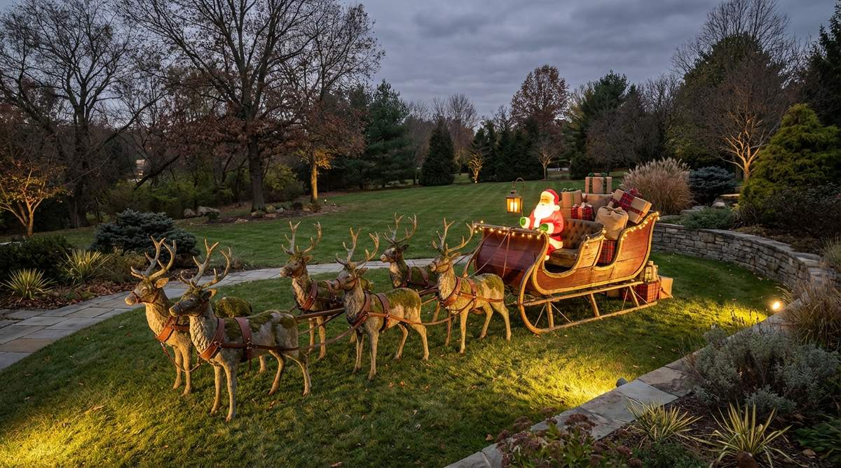 A full-scale vintage Santa sleigh display with reindeer teams, wrapped gift boxes, and an illuminated Santa figure, arranged as a centerpiece in a garden or expansive lawn setting, spotlighted for maximum visual impact.