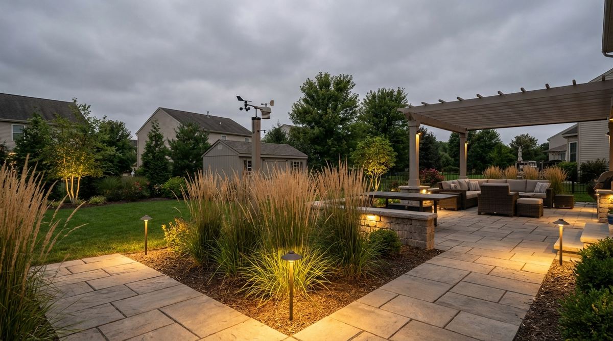 Smart outdoor lighting system with weather-responsive controls that automatically adjust schedules based on real-time weather data, wind speed monitoring, and protective algorithms to prevent weather-related damage to lighting infrastructure.