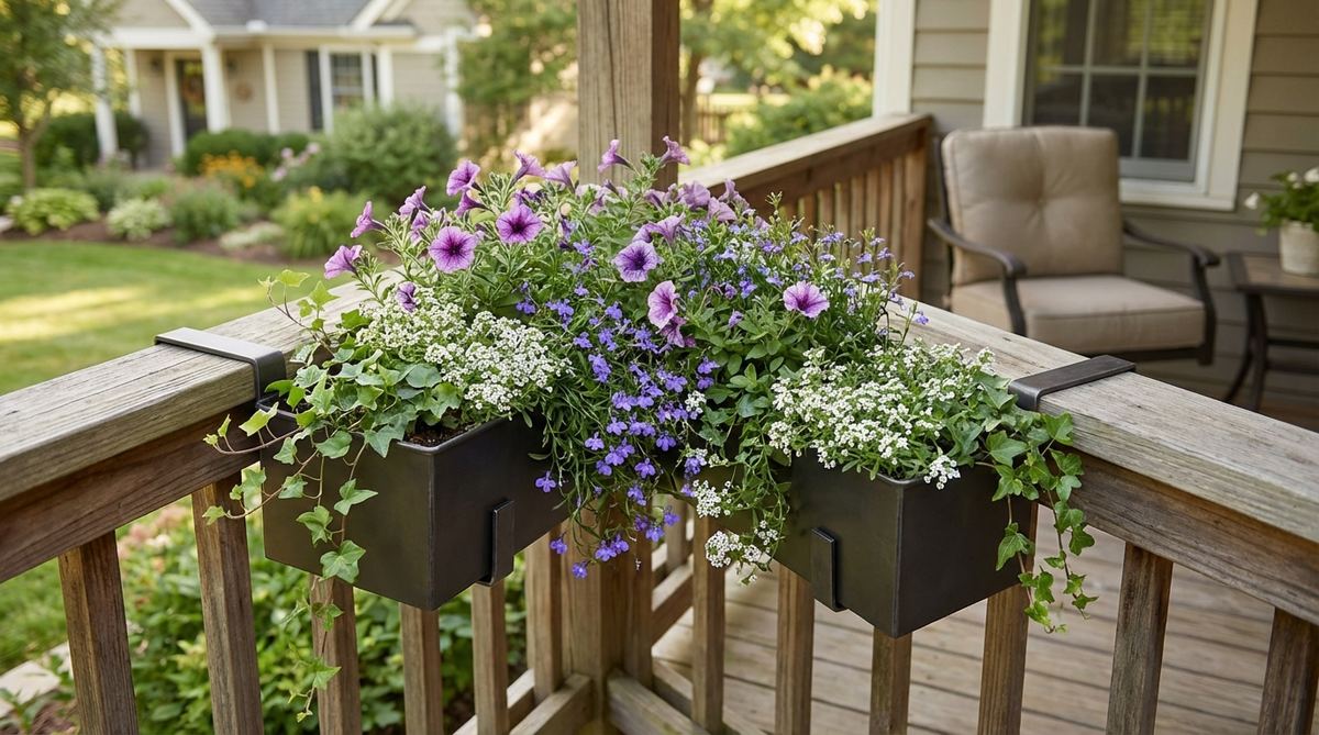 A horizontal planter mounted on a porch railing, measuring 24-48 inches long and 6-8 inches deep with integrated brackets for secure attachment. Cascading annuals drape over the edges, creating a cottage-garden appeal and maximizing vertical space without using deck or patio floor area.