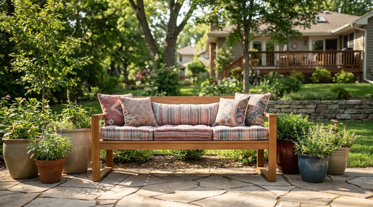 A simple wooden bench with clean modern lines, styled with long bench cushions and several outdoor pillows in colorful bohemian textiles. Perfect for patio or garden seating in modern boho decor, combining streamlined design with soft textile layers.