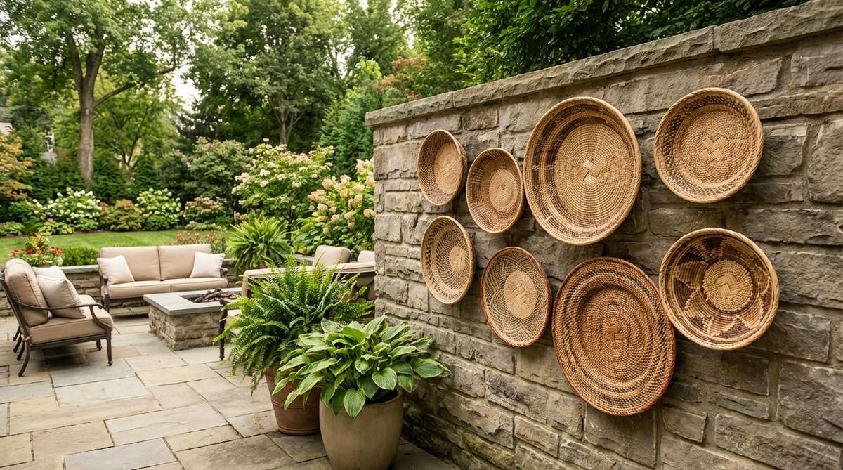 A collection of hand-woven baskets made from natural materials like sisal, raffia, and sweetgrass displayed as wall art. The baskets feature intricate geometric patterns created using traditional African weaving techniques in tan and brown tones. Arranged in varying sizes and patterns on an exterior wall, they create a gallery-style display that adds texture and movement to the space while serving as both decorative and functional storage for gardening tools.
