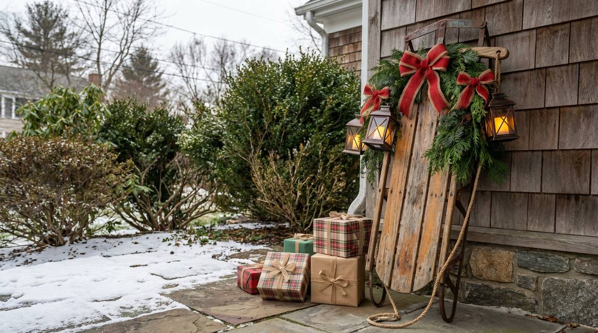 Vintage wooden sled from the 1940s-1950s with metal runners and rope pulls, positioned vertically against a porch wall as nostalgic garden decor. Decorated with evergreen swags, ribbon bows, and battery-operated lanterns, with wrapped gift boxes nearby suggesting winter activities.