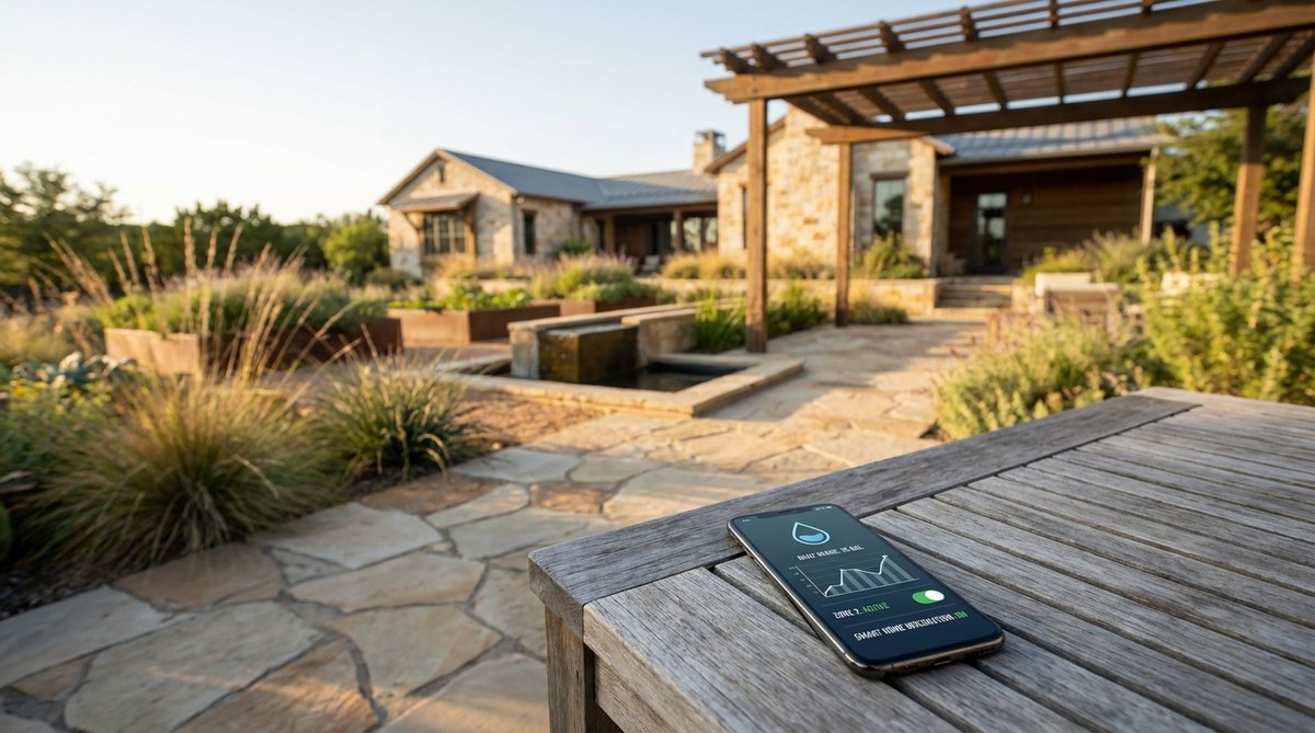A smartphone displaying a garden irrigation control app with real-time monitoring features, showing water usage statistics, zone adjustments, and integration with home automation systems in a contemporary garden setting.