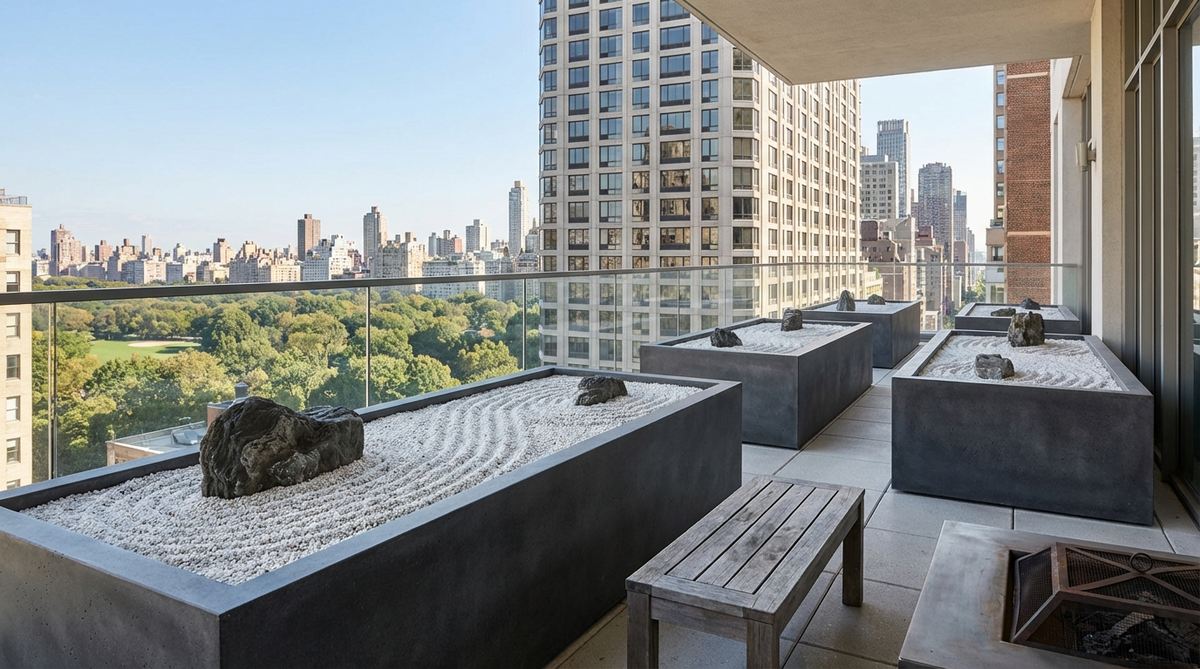 A modern balcony installation featuring large shallow planters adapted for karesansui (Japanese dry landscape garden) use, with secure stones and proper drainage to maintain raked patterns in urban high-rise settings.