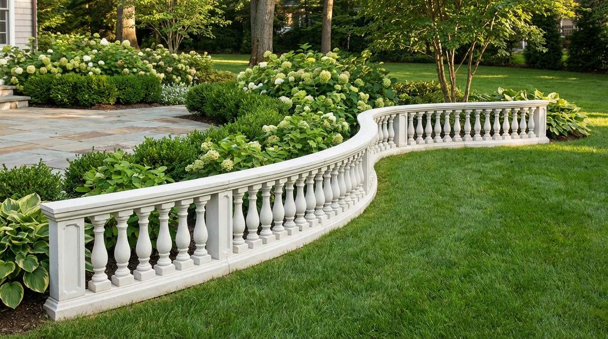 A decorative garden edging featuring low railings with turned spindles, made of cast stone or concrete to mimic historic architectural details. Installed along terrace edges or to separate lawn from planted areas, with a standard height of 18-24 inches to prevent trampling. The repetitive elements create visual rhythm, and white or cream finishes offer classic elegance.