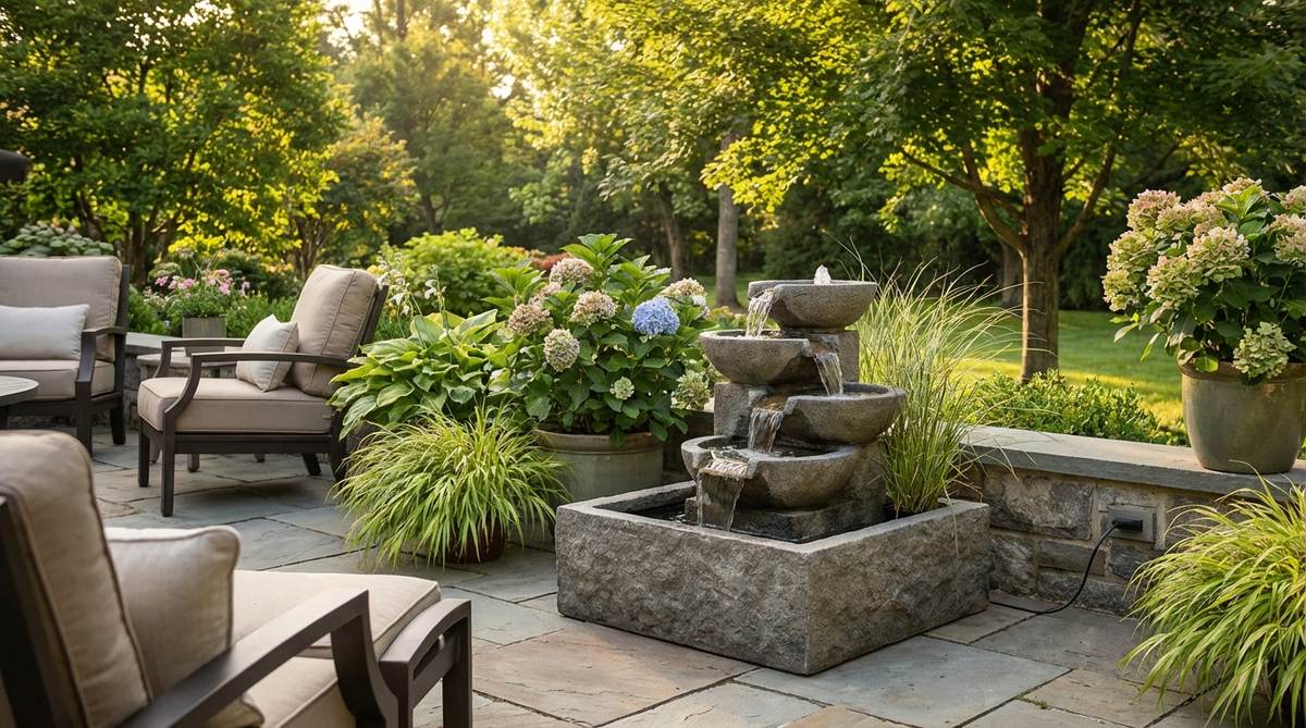 A compact recirculating water fountain with a footprint under two square feet, ideal for small gardens to mask urban noise and add a sensory dimension. The self-contained unit is positioned as a focal point visible from seating areas, requiring only an electrical outlet.